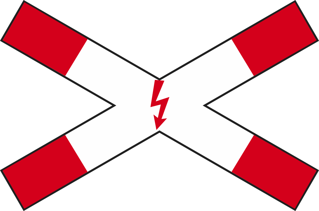 Andreaskreuz liegend, mit Blitzpfeil Andreaskreuz liegend, mit Blitzpfeil