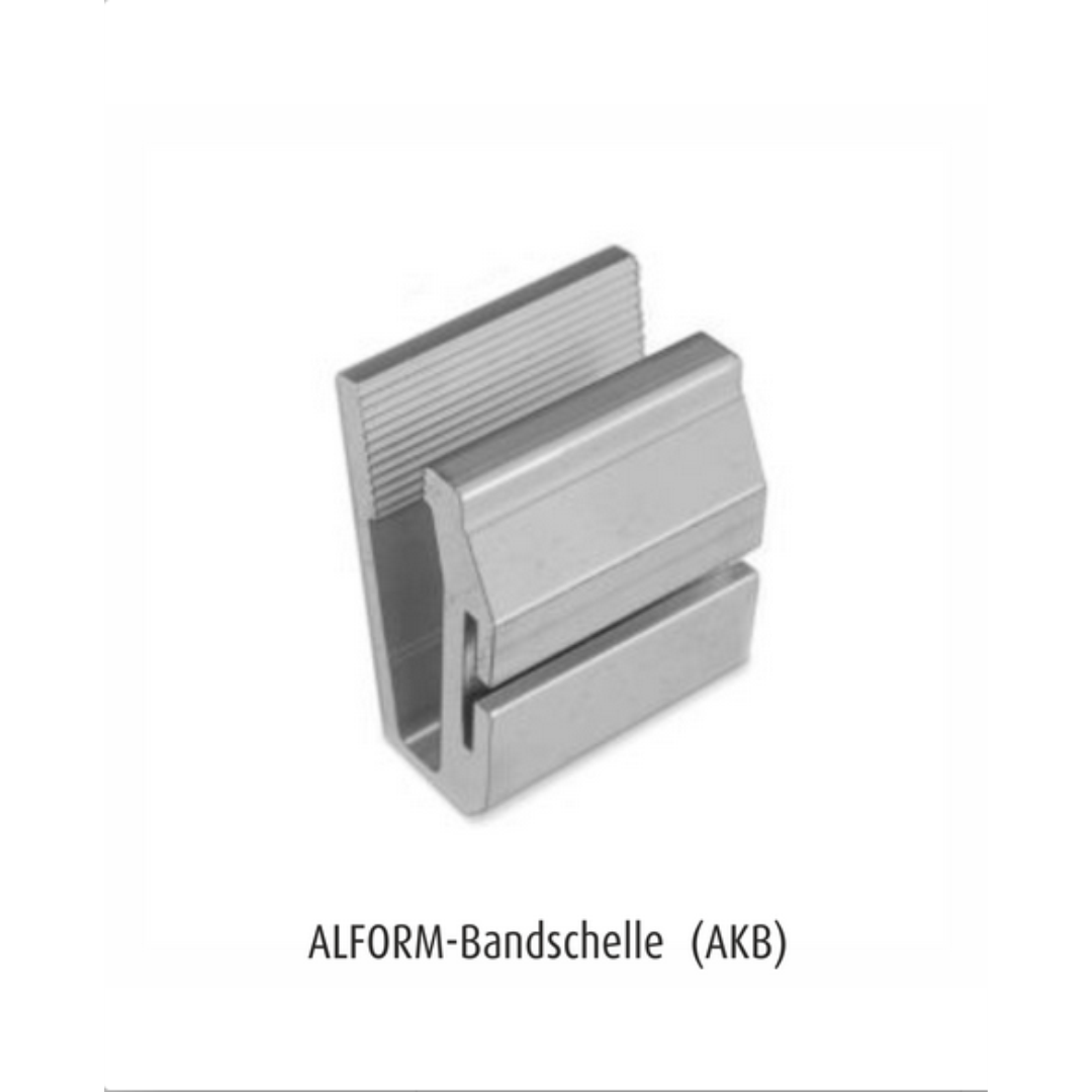 ALFORM-Bandschelle, Typ AKB, aus Aluminium, ca. 40 x 40 mm, mit Aufnahmeschlitz für Stahlband